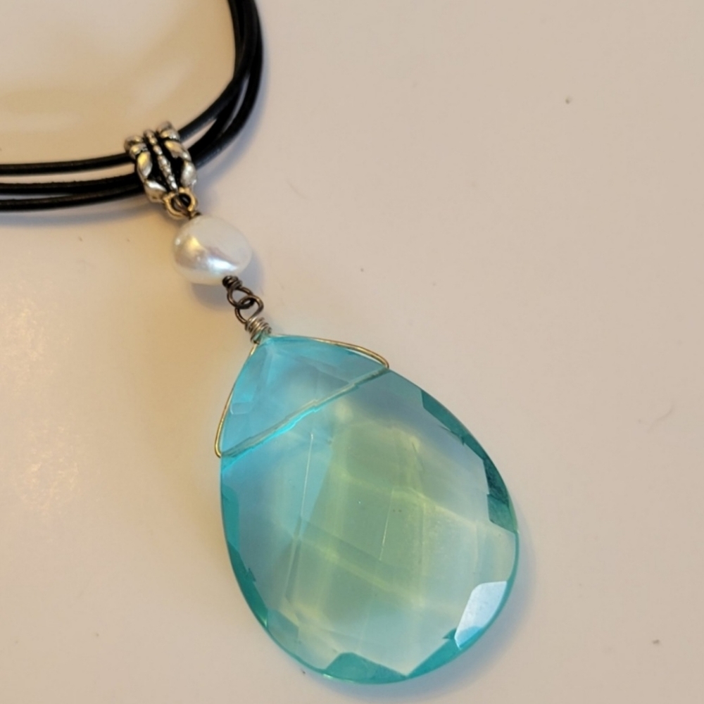 Crystal Necklace Faceted Teardrop Pendant on 3 strand Black Leather Cord, New